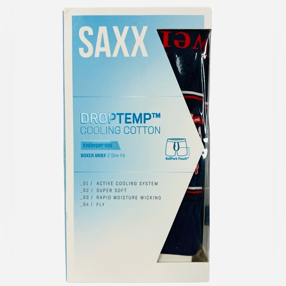SAXX Droptemp Cooling Cotton Boxer Brief Fly w/Pouch Support Blue/Red Size XS - Picture 2 of 4